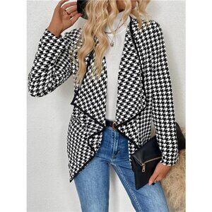 Houndstooth Open Front Long Sleeve Cardigan
